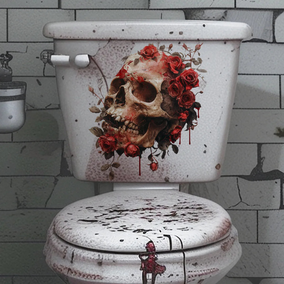 Gothic Skull and Roses Toilet Seat Decals Halloween Bathroom Stickers for Kitchen Decorations and Accessories