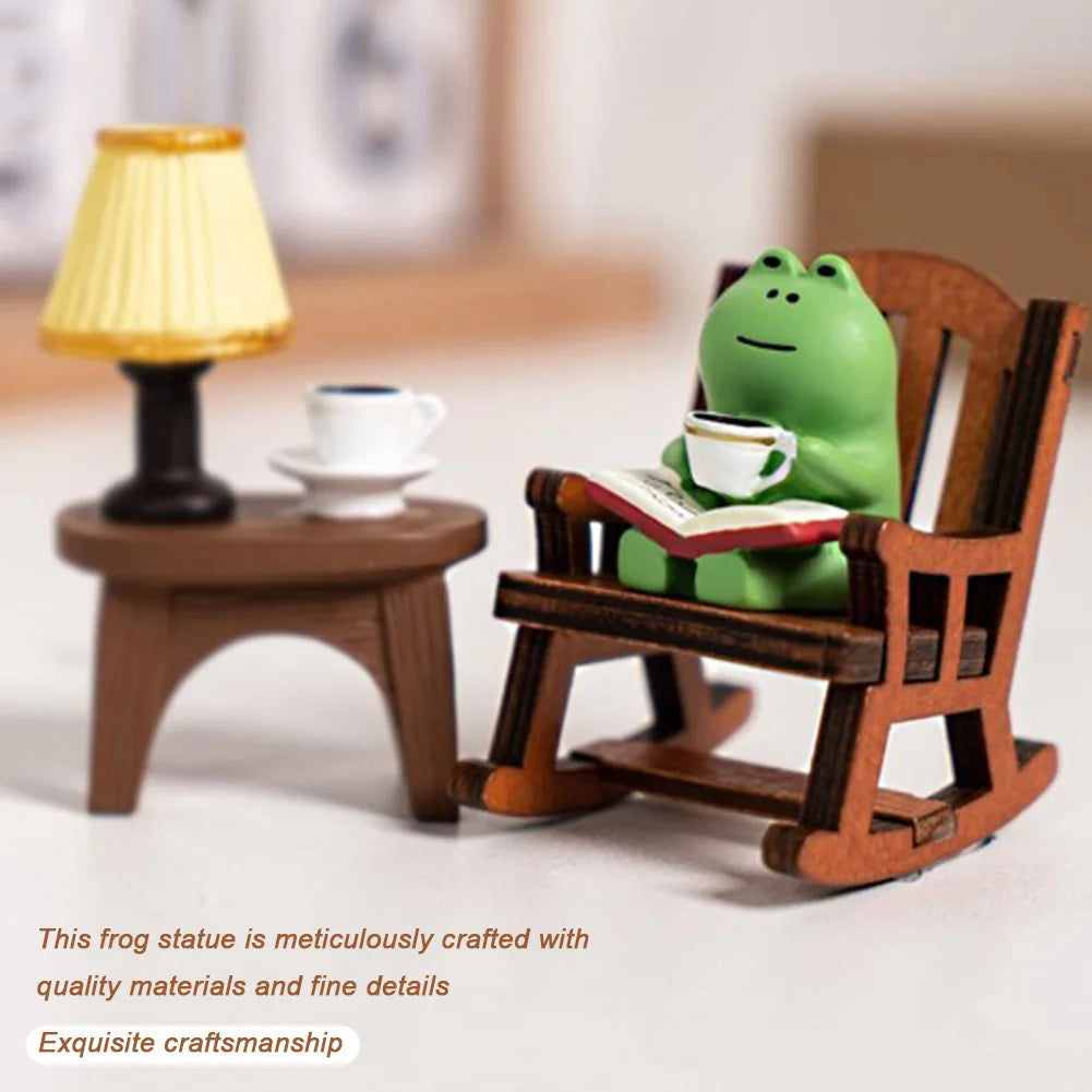 Cute Mini Frog Resin Figurine Cute Healing Small Decoration Rocking Chair Design with Book Coffee Home Office Decor Car Ornament