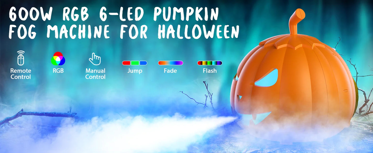 U'King 600W Pumpkin Fog Machine 12 Color RGB 6LED Lighting Effect Smoke Machine Remote for DJ Show Club Halloween Maker Fogger