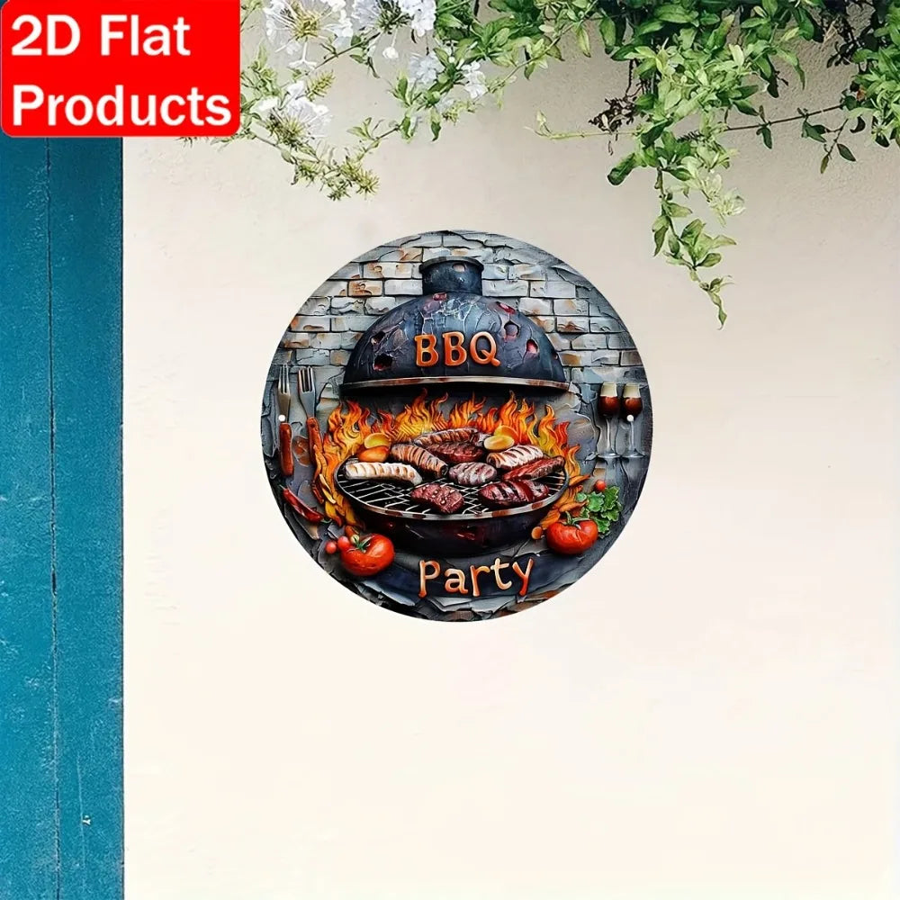 BBQ Party 2D Flat Tin Sign - 8"x8" Vibrant Grill Art, Rustic Porch Camping Decor, Outdoor Themed Gatherings, 1pc