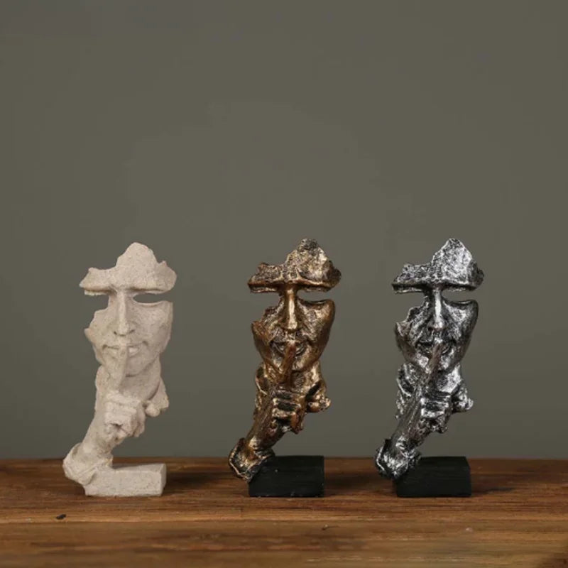17cm Home Decor Abstract Silence Is Gold Figurine Resin Hand Face Silent Men Statue Sculpture Home Office Living Room Decoration