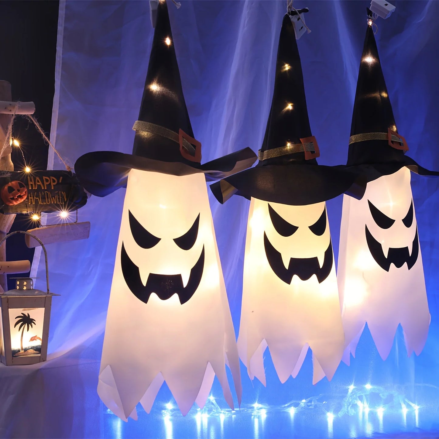 3pcs LED Ghost Lights, Halloween Wizard Hat Hanging Lamps, Plastic Battery-Powered Decorative Lights Spooky Outdoor Decor