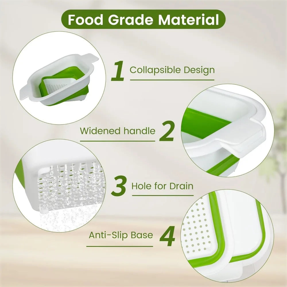 Collapsible Colander Set with Strainer Bowl, 2 in 1 Fruit Washing Basket with Strainer, 5 + 3 QT Plastic Colanders for Kitchen,