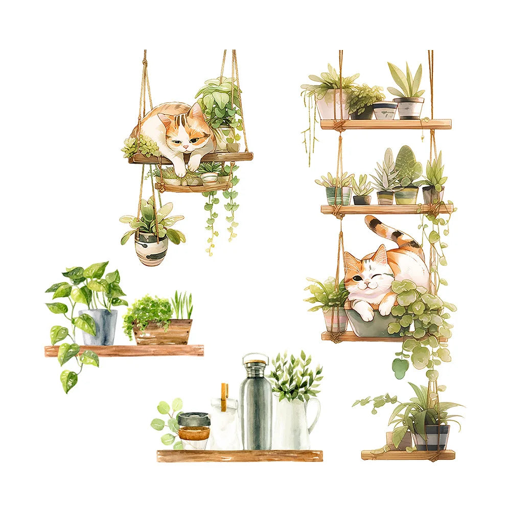 1pcs Painted Cat Green Plant Pot Home Background Wall Decoration Wall Stickers Self-Adhesive