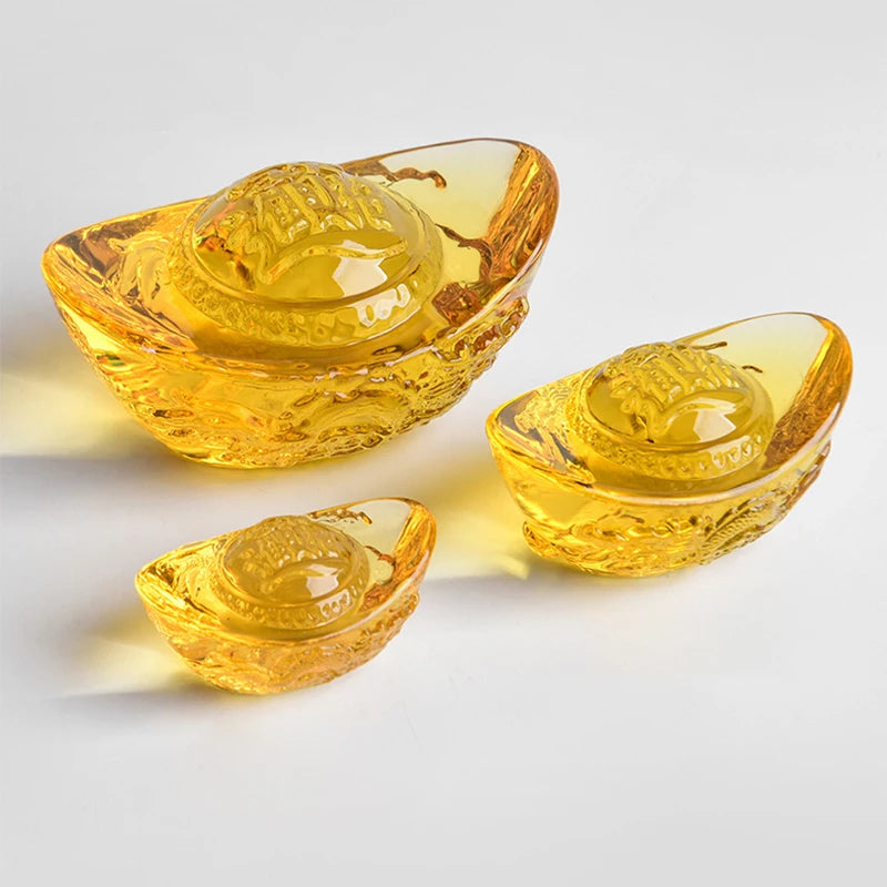 Chinese Style Citrine Ingot Gold Crystal Glass Colored Glaze Wealth Money Feng Shui Craft Figurines Home Decor