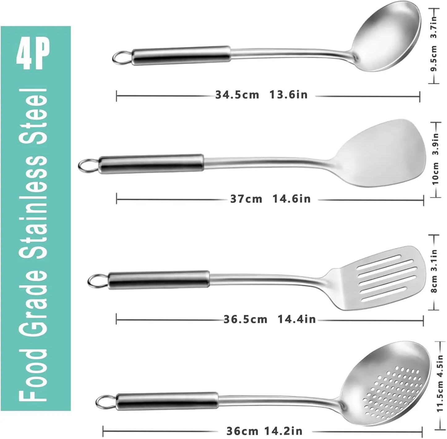 4-Pcs Cooking Utensils Set, Stainless Steel Kitchen Utensils, Wok Utensils Set Include Wok Ladle, Slotted Spoon, Wok Spatula an