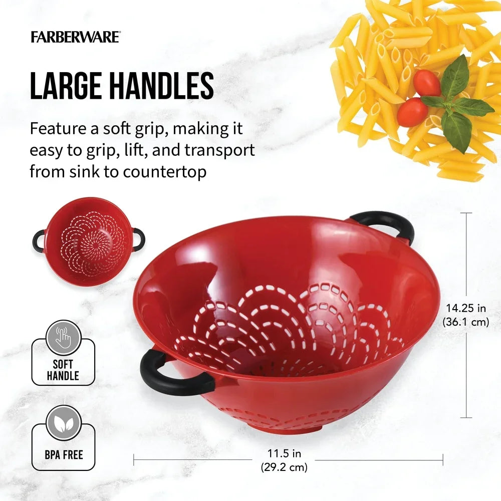 Durable Plastic Colander with Soft Grip Handles Large Perforations Raised Feet Easy Straining and Draining Kitchen Tool