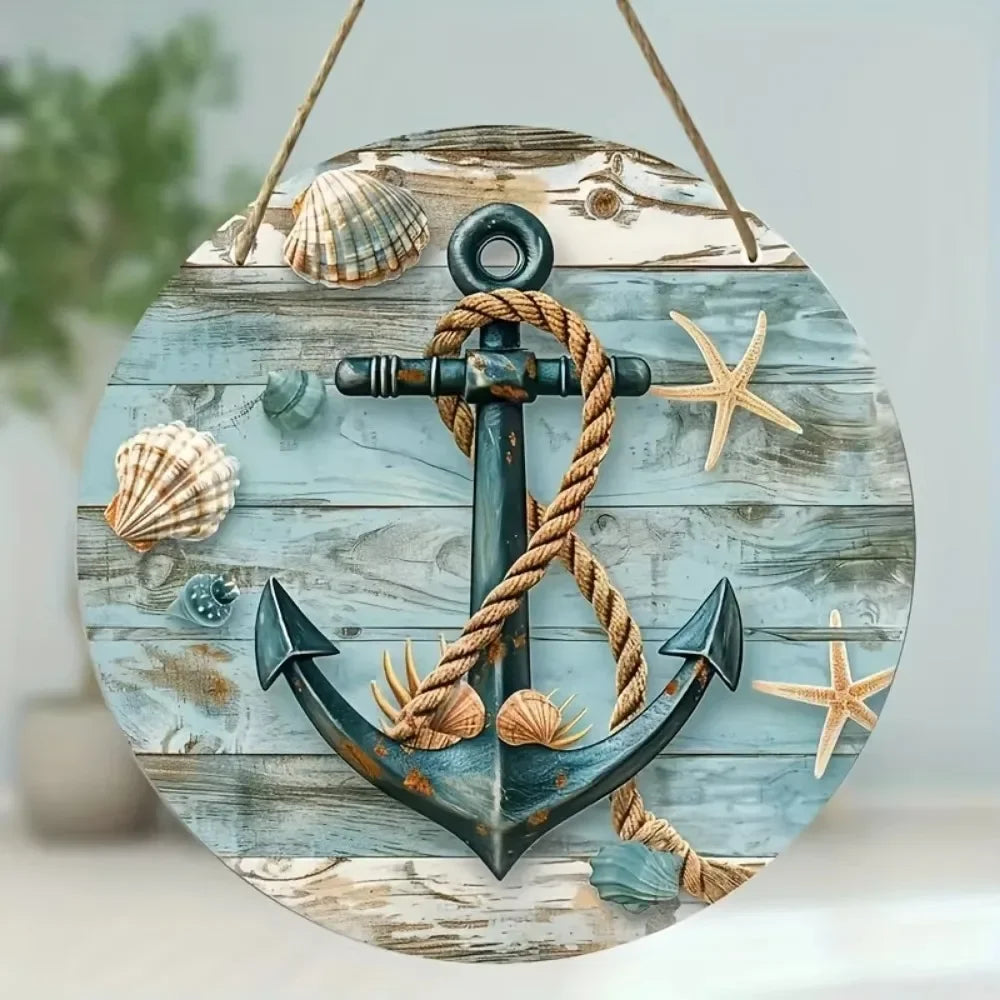 Rustic Round Wreath Sign - Aluminum Beach-Inspired Decor | Ocean Theme for Home|Weatherproof Metal, Nautical Wreath Design