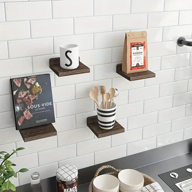 4pcs wooden wall mounted flower racks with simple design, wall storage rack, living room, bathroom, bedroom decoration rack