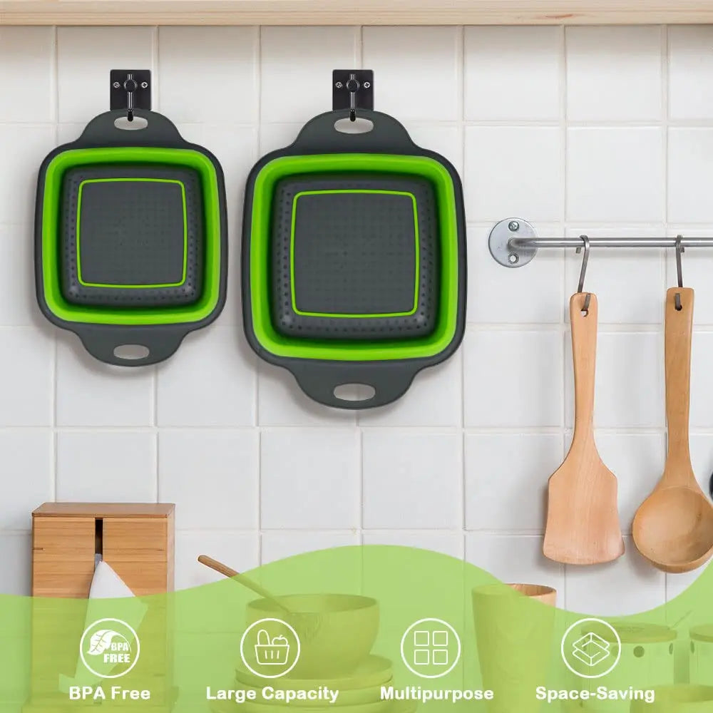 Two-piece foldable square silicone colander set with plastic handles for draining pasta, vegetables, and fruit.
