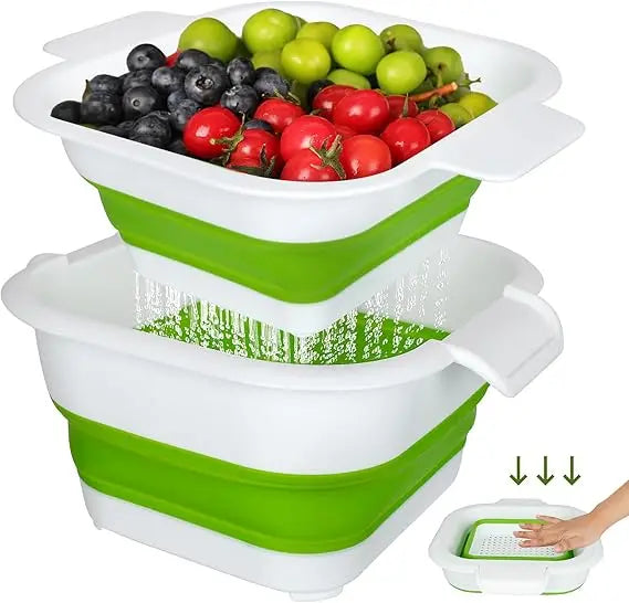 Collapsible Colander Set with Strainer Bowl, 2 in 1 Fruit Washing Basket with Strainer, 5 + 3 QT Plastic Colanders for Kitchen,
