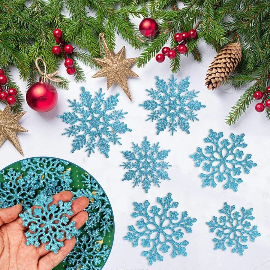 36pcs Christmas Light Blue Snowflake Ornaments Plastic Glitter Snow Flakes Ornaments for Winter Christmas Tree Decorations Size