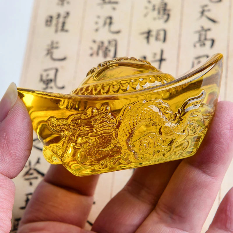 Chinese Style Citrine Ingot Gold Crystal Glass Colored Glaze Wealth Money Feng Shui Craft Figurines Home Decor