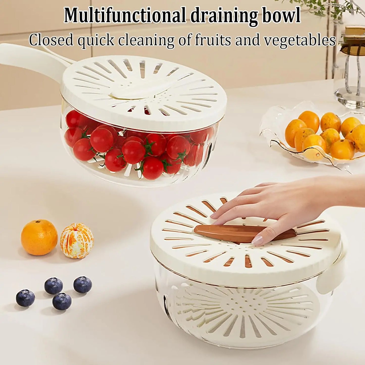 Kitchen Fruit Drainage Basket, Multifunctional Drainage Bowl, Fruit and Vegetable Washing Bowl with Lid, Kitchen Dual-Layer Drai