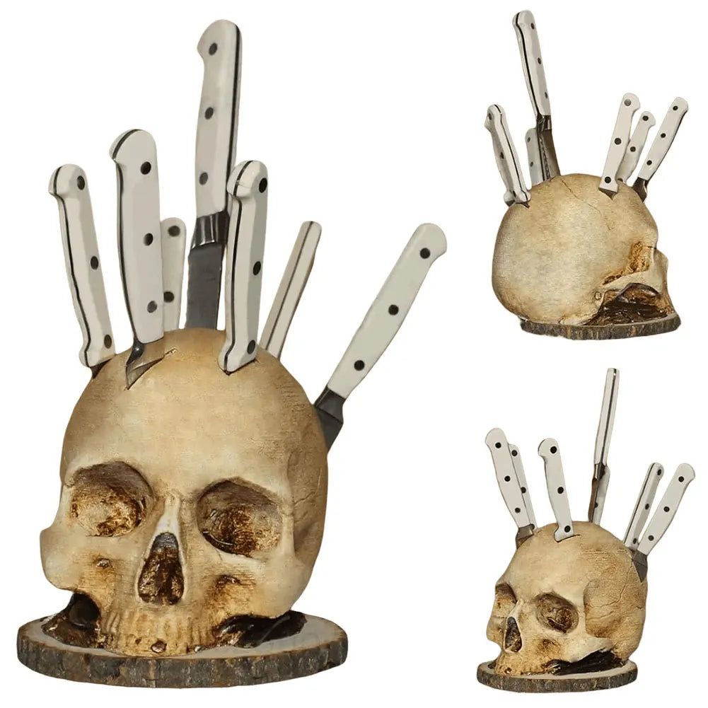 Skull Knife Holder Resin Fruit Chopping Knife Stand Creative Horror Skull Knife Rack Halloween Party Decoration