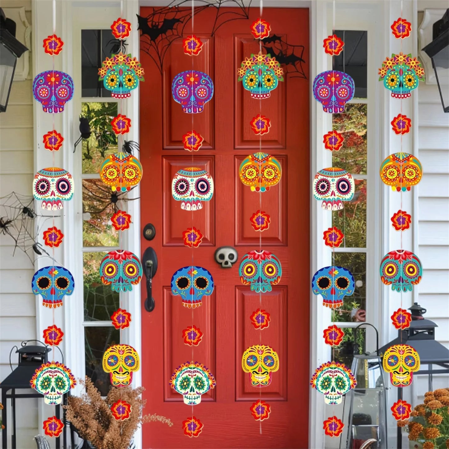 Day of the Dead Party Supplies 8 Pcs Sugar Skull Decorations Mexican Fiesta Banner for Home Wall Door Hanging Decorations