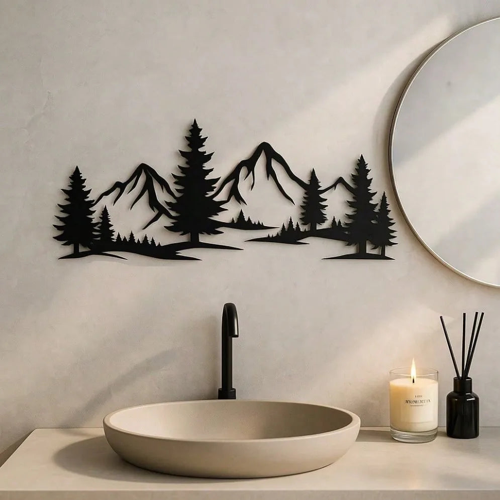 1PC Mountain and Forest Metal Wall Art – Black Modern Farmhouse Decor for Living Room & Bedroom | Nature-Inspired Rustic Hanging