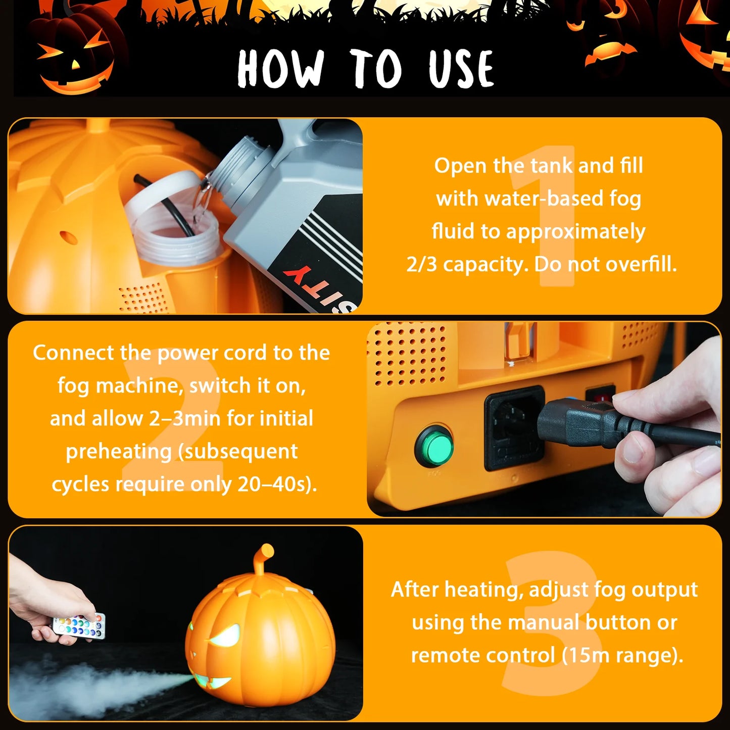 U'King 600W Pumpkin Fog Machine 12 Color RGB 6LED Lighting Effect Smoke Machine Remote for DJ Show Club Halloween Maker Fogger
