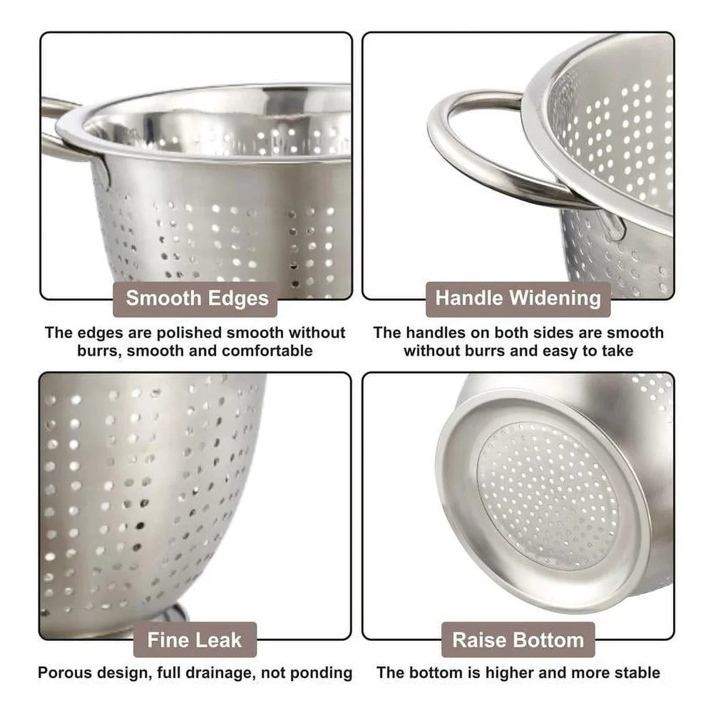 Stainless Steel Colander 3QT Strainer Draining Rinsing Pasta Fruits Vegetables Kitchen Tool Dishwasher Safe Durable Handles