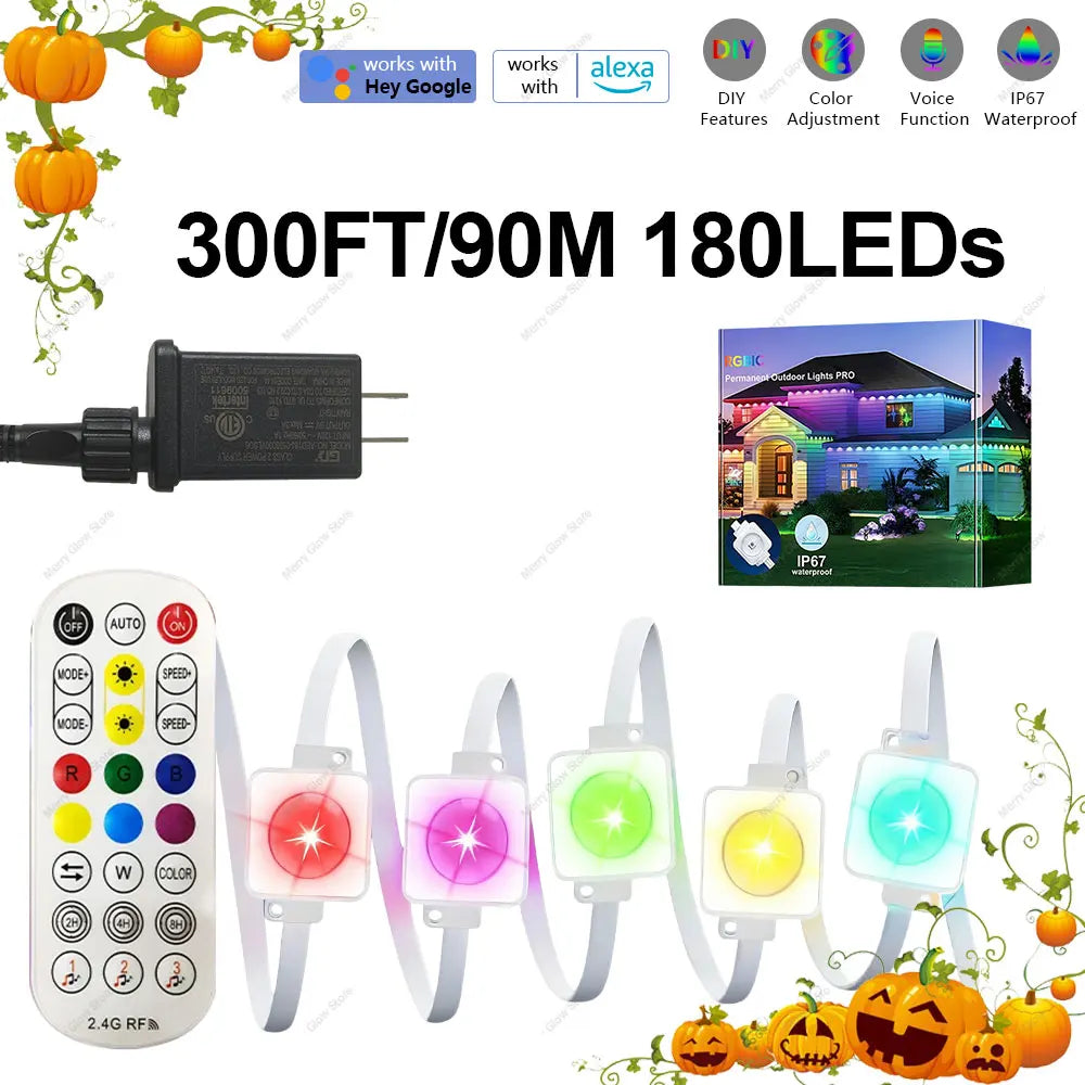 Permanent Outdoor Eaves Light Intelligent RGBIC 90M 180LEDs Eaves Light IP67 Waterproof For Christmas Halloween DIY Lighting