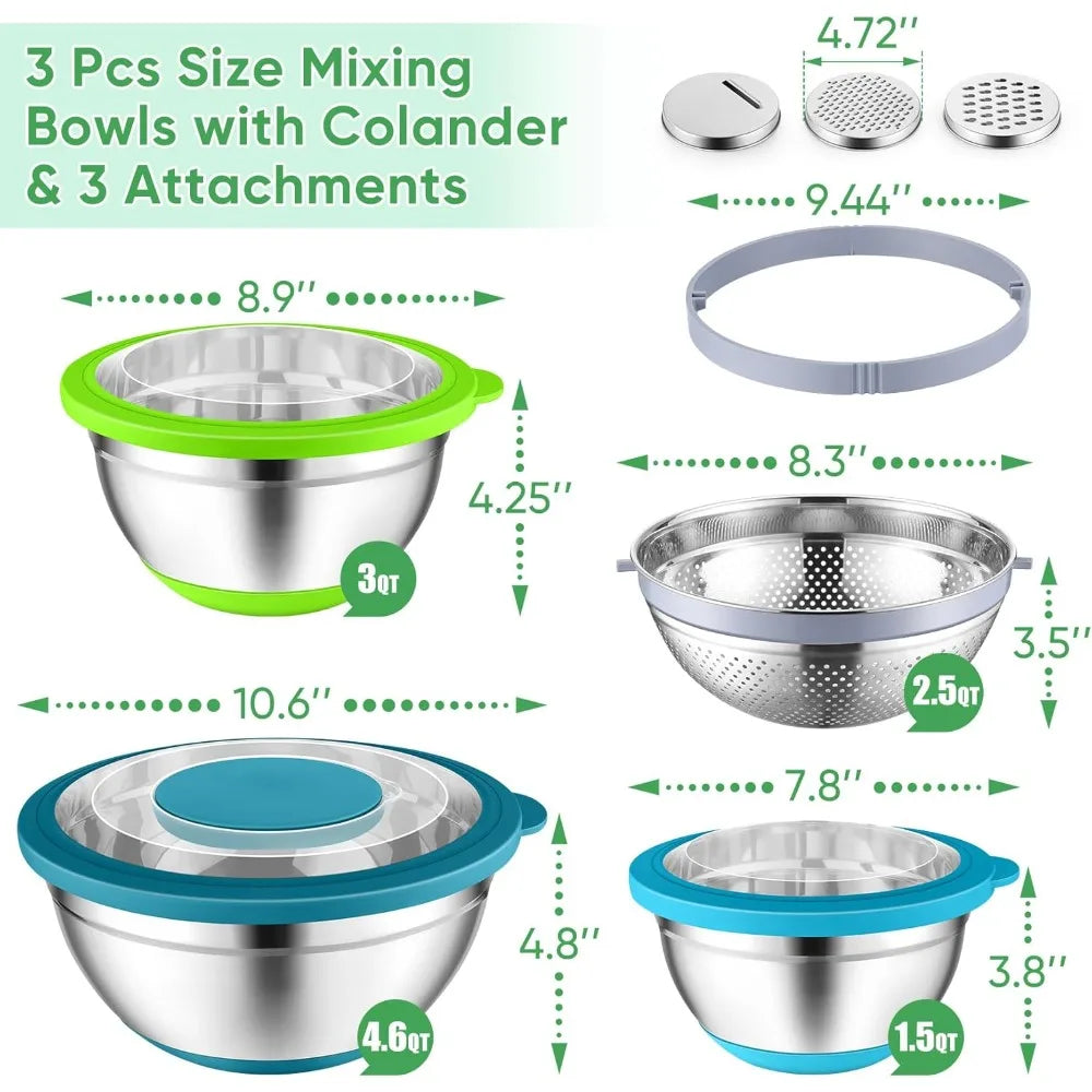 P&P CHEF Mixing Bowls with Lids Set of 3, Stainless Steel Mixing Bowl and Colander for Kitchen, 3 Grater Attachments & Non-Slip