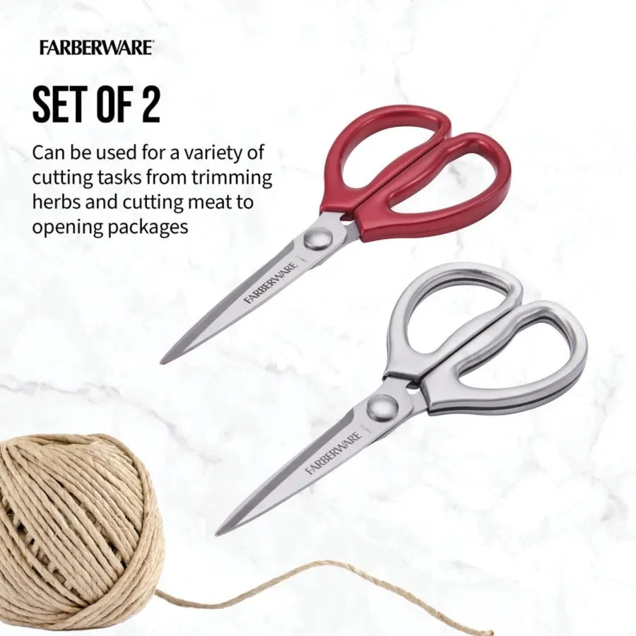 Classic 2 Piece Stainless Steel Kitchen Shear Scissor Set with Metallic Finish and Vibrant Red Handles for Efficient Cutting Pe