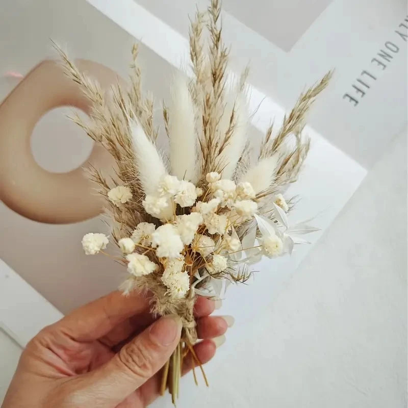 Mini Dried Flower Bouquet Set of 12 Boho Wedding Decor Boutonniere for Men Table Centerpieces Pampas Grass For Birthday Cake