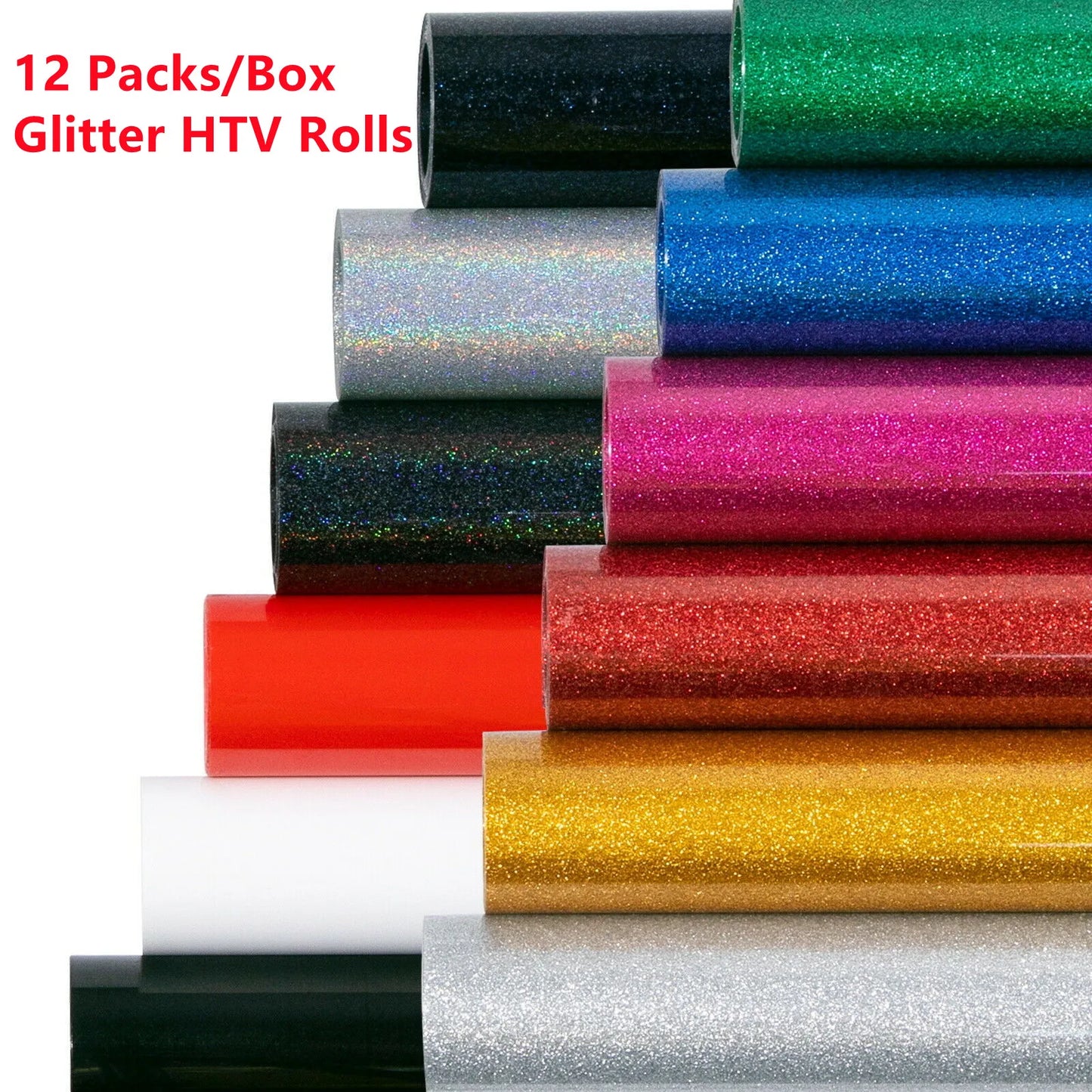 HTVRONT 12 Pack Glitter HTV Heat Transfer Vinyl Roll 12 in x 5 ft for Cricut T-shirt Printing DIY Iron on HTV Film Christmas