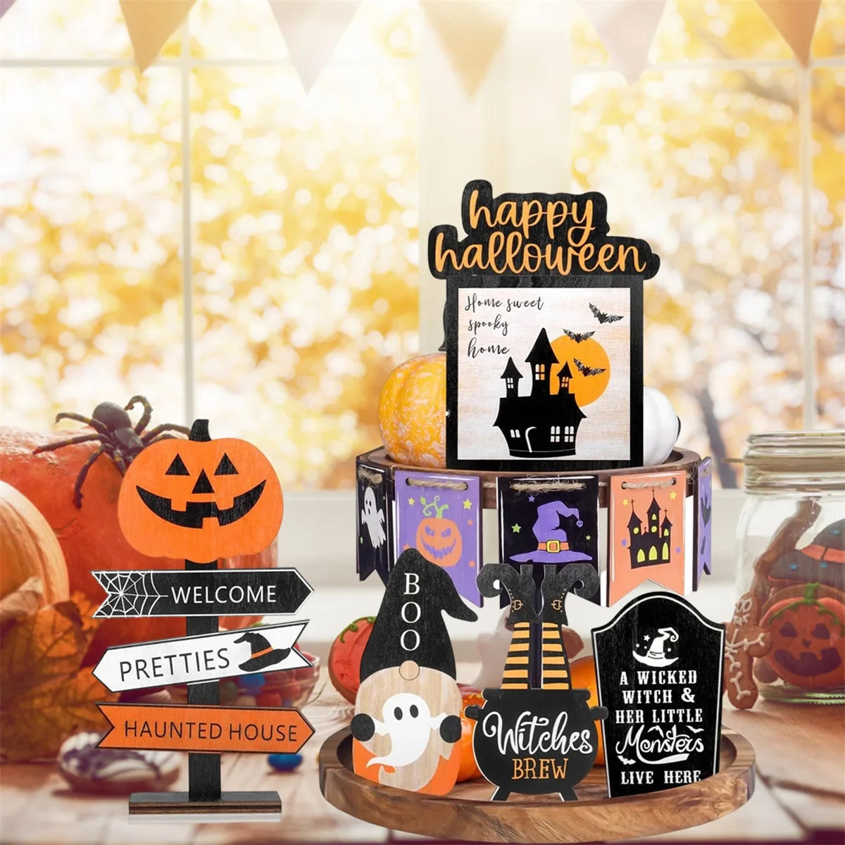Spooky Halloween Tiered Tray Decor Set with Wooden Pumpkin and Bat Table Signs for Festive Home Party Table Display