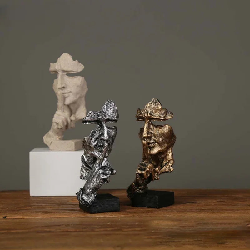 17cm Home Decor Abstract Silence Is Gold Figurine Resin Hand Face Silent Men Statue Sculpture Home Office Living Room Decoration