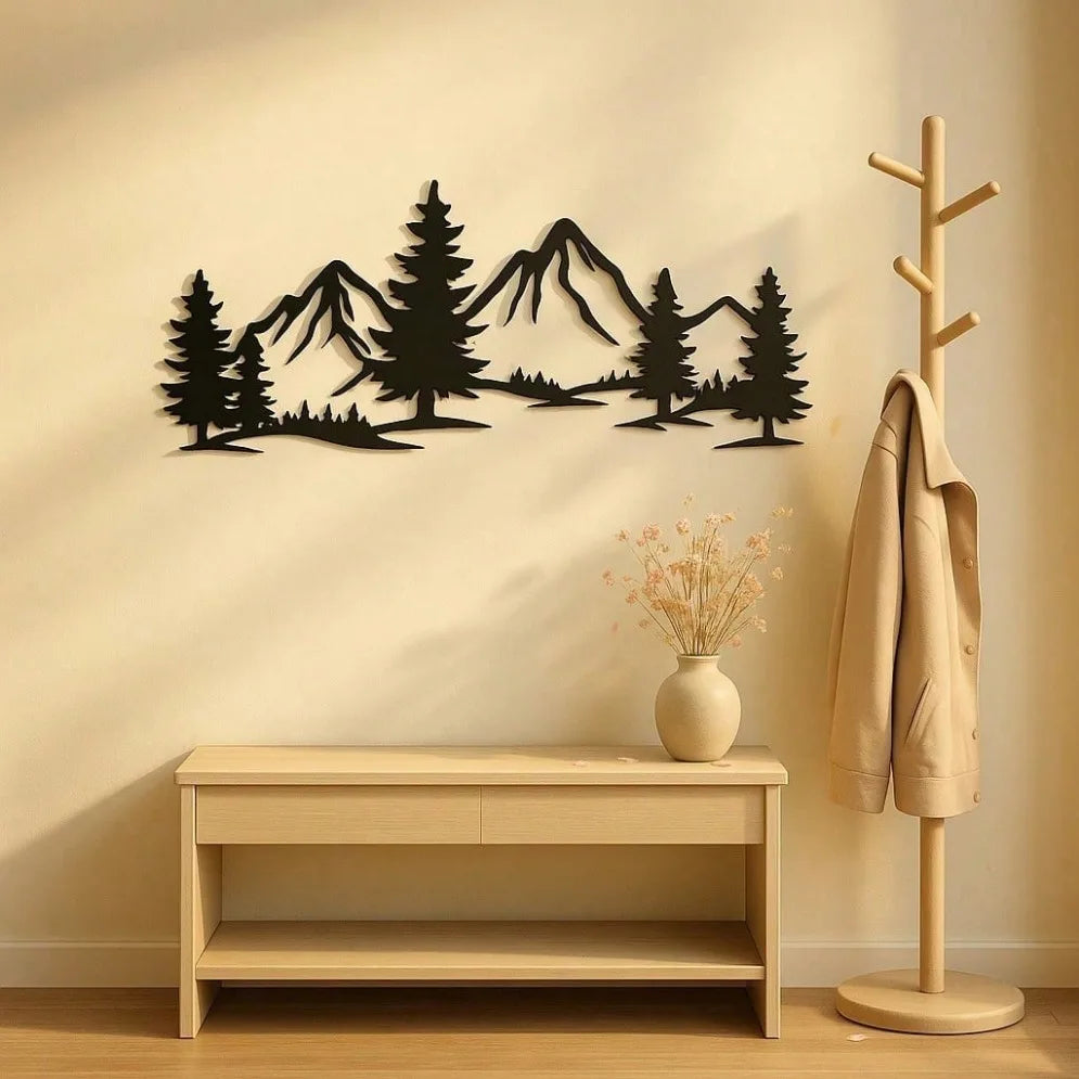 1PC Mountain and Forest Metal Wall Art – Black Modern Farmhouse Decor for Living Room & Bedroom | Nature-Inspired Rustic Hanging