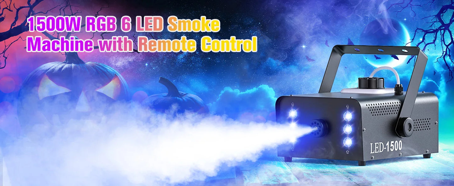 U'King 1500W Smoke Machine RGB 6 LED Fog Machine with Remote Control for DJ Disco Party Nightclub Stage Effect Fogger Machine
