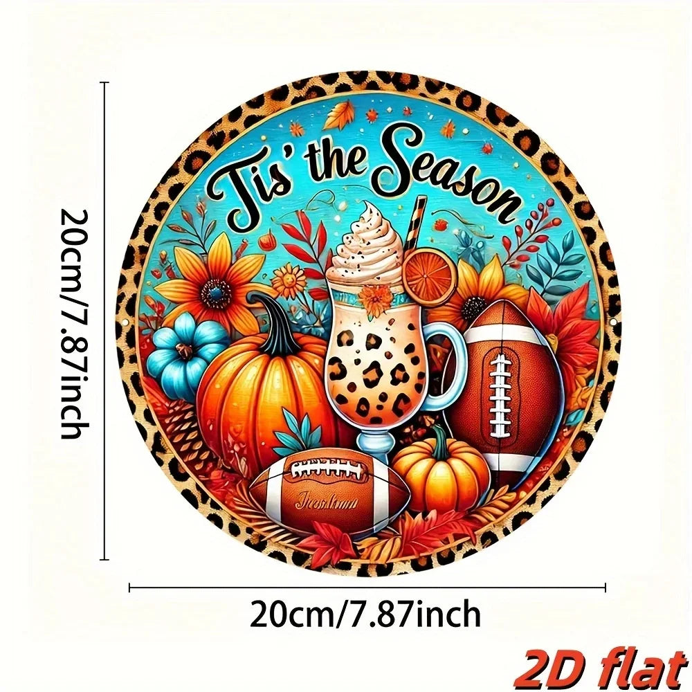 "Autumn Leopard Print Football Pumpkin Aluminum Sign – Wall Hanging Decor & Festive Wreath Accent | Perfect for Home Decor"