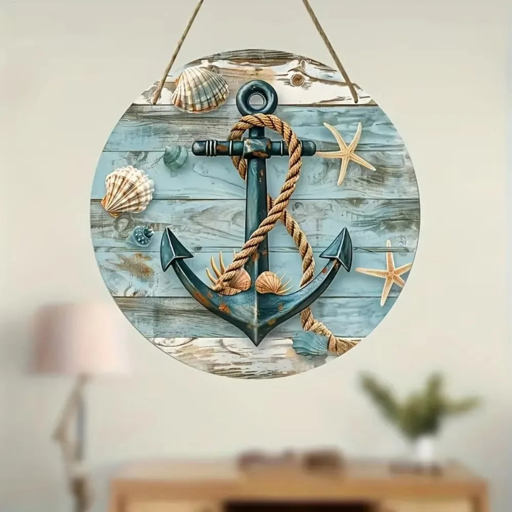 Rustic Round Wreath Sign - Aluminum Beach-Inspired Decor | Ocean Theme for Home|Weatherproof Metal, Nautical Wreath Design