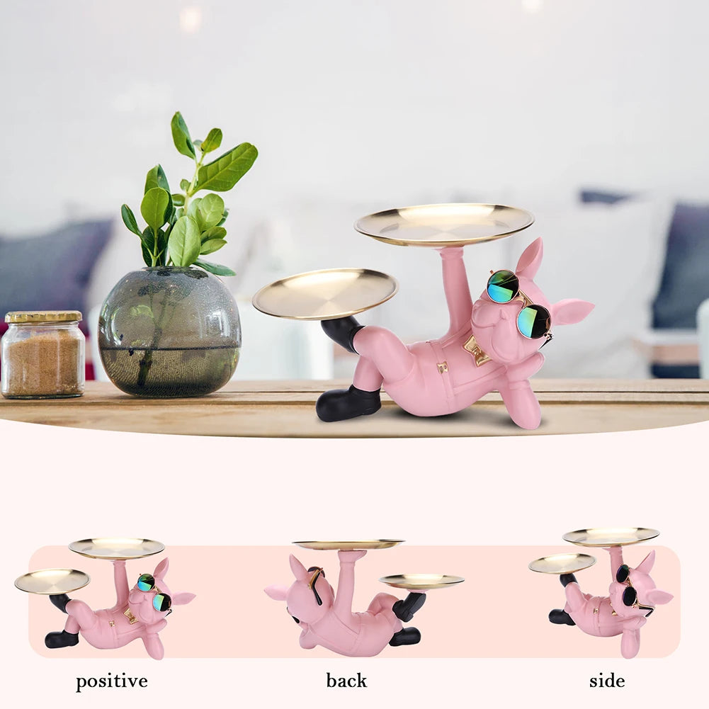 Resin Dog Statue Decor Creative Cute with 2 Tray French Bulldog Sculpture Birthday Gifts Bottom Anti-slip for Home Office Wallet
