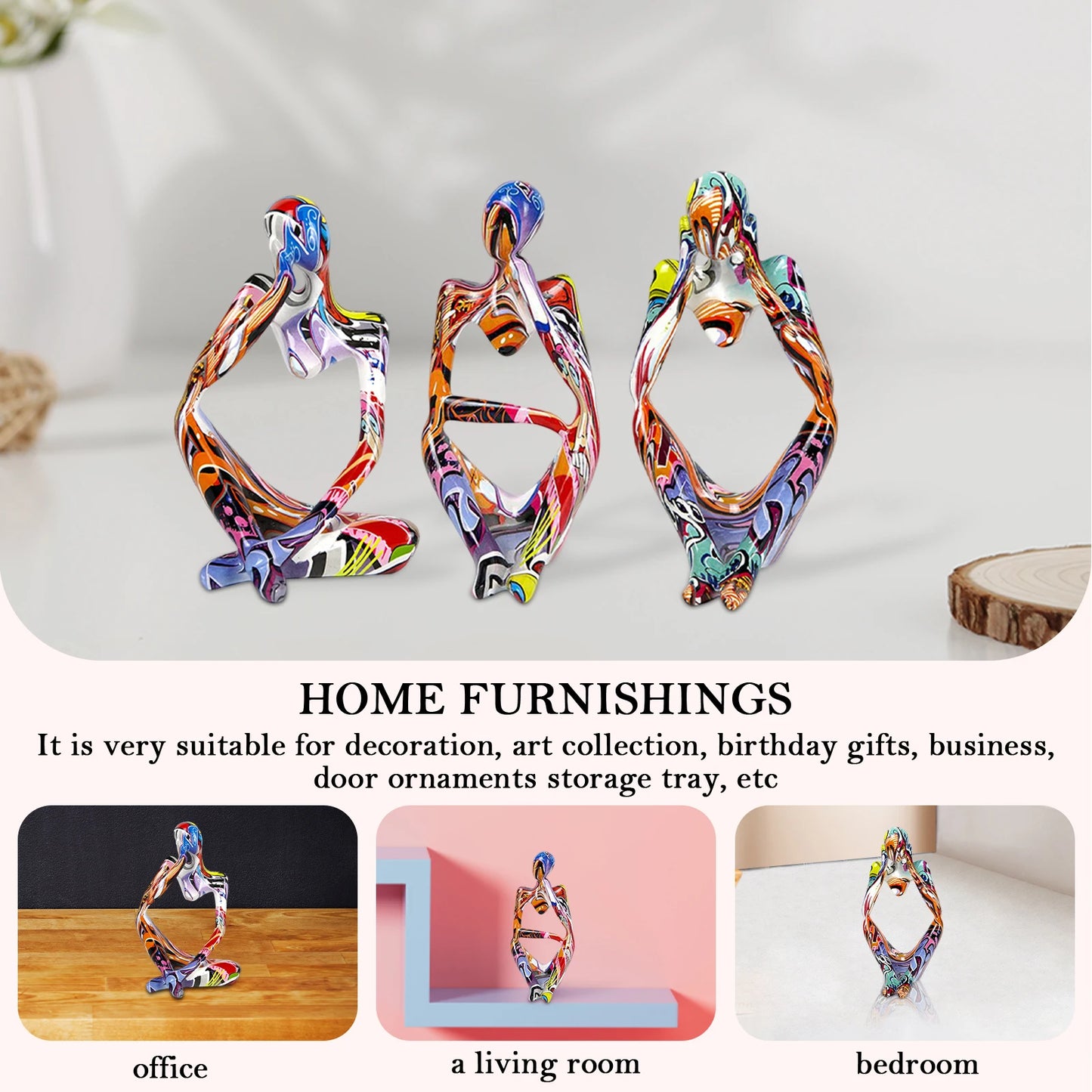 3pcs Thinker Statues Art Graffiti Resin Abstract Character Figurines Ornaments Handicraft Home Decor for Living Room