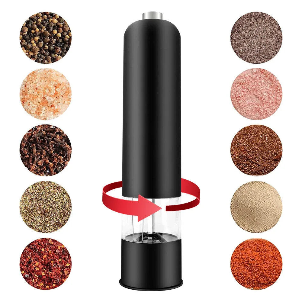 Black Electric Automatic Salt and Pepper Grinder Spices Mill Kitchen Tool Battery Operated Adjustable Coarseness with LED Light