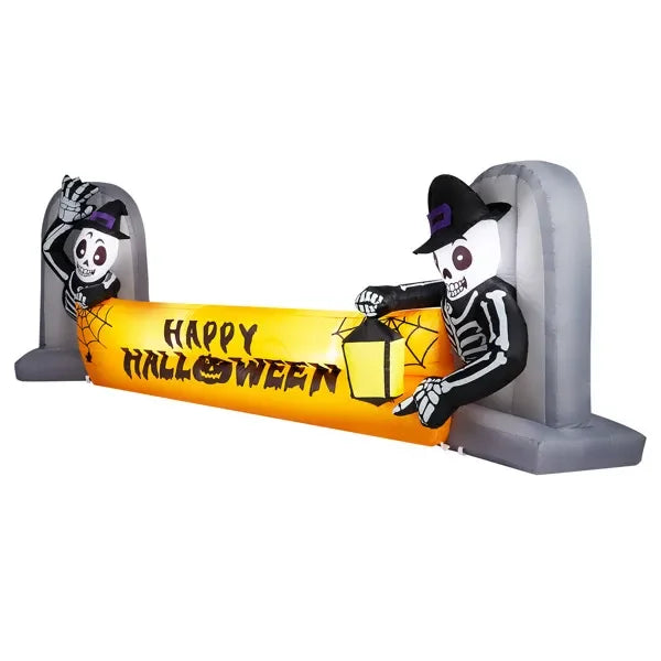 9.6T Halloween Inflatable Skeleton Tombstone Banner, Outdoor Yard Decor with Built-in LEDs
