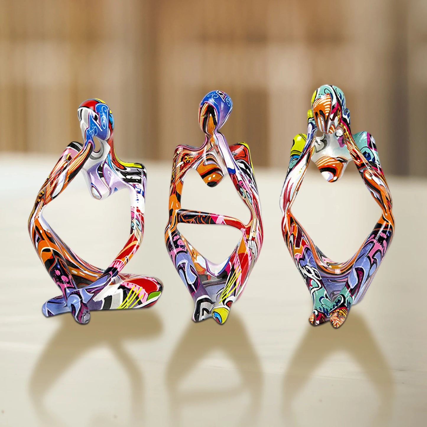 3pcs Thinker Statues Art Graffiti Resin Abstract Character Figurines Ornaments Handicraft Home Decor for Living Room