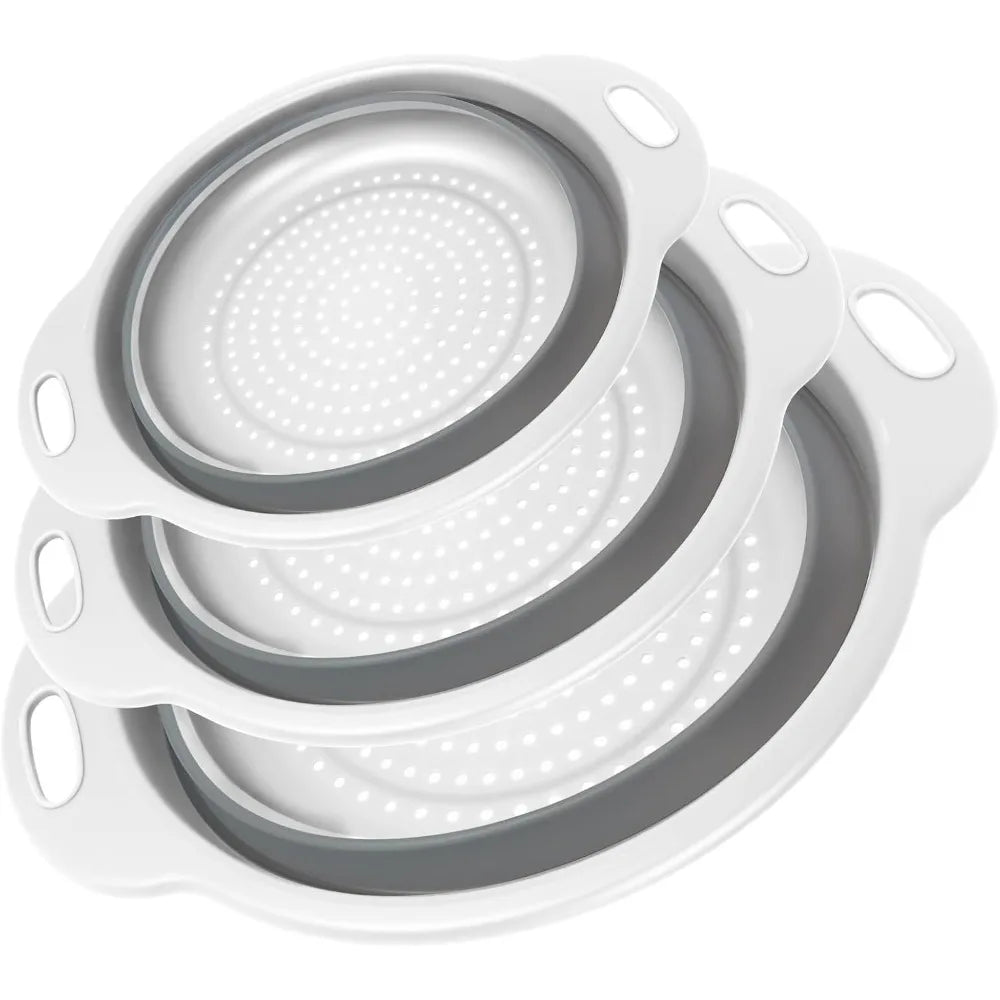 Collapsible Colander 3-Pack Set Space-Saving Foldable Kitchen Strainer with Non-Slip Base Durable Thickened PP+TPE Collapsible S