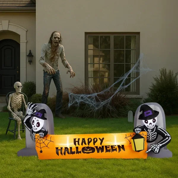 9.6T Halloween Inflatable Skeleton Tombstone Banner, Outdoor Yard Decor with Built-in LEDs