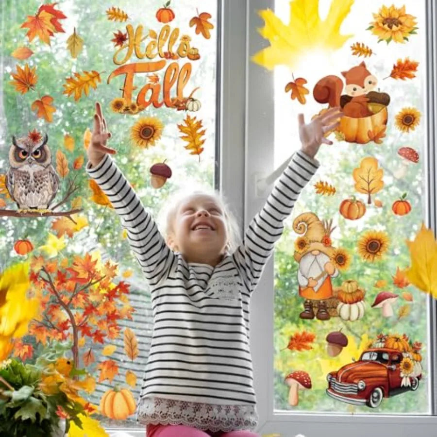 150 Pcs Fall Window Clings for Thanksgiving Decorations Autumn Seasonal Window Stickers with Pumpkins and Maple Leaves Ideal fo
