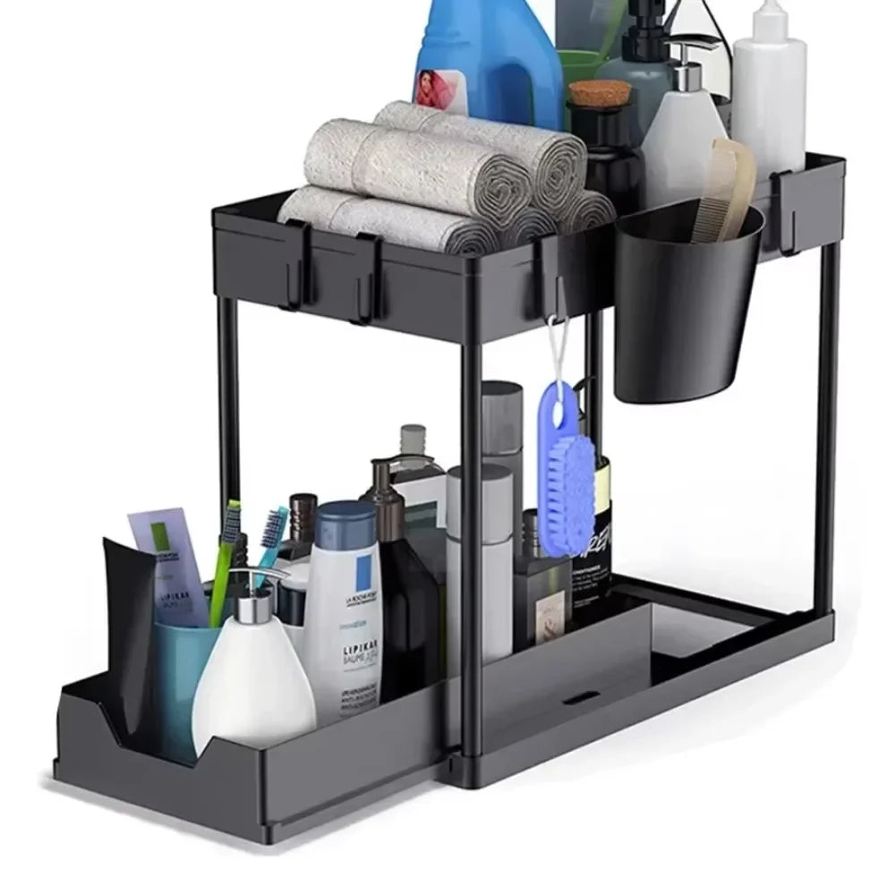Under Sink 2 Tier Sliding Cabinet Basket Organizer Storage Rack with Hooks Hanging Cup Bathroom Multifunctional Storage Rack