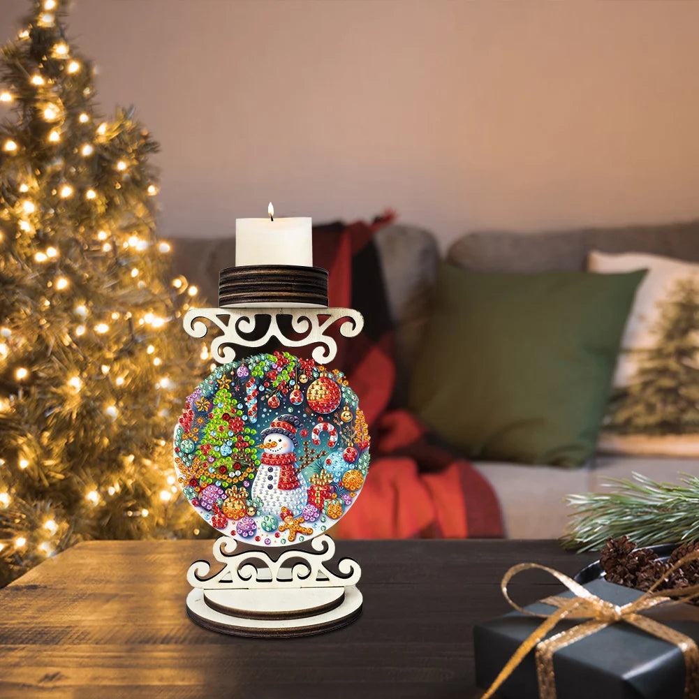 Wooden Special Shaped Xmas Theme Mosaic Rhinestone Drawing Candlestick Decor Desktop Diamond Art Candle Holder for Party Decor