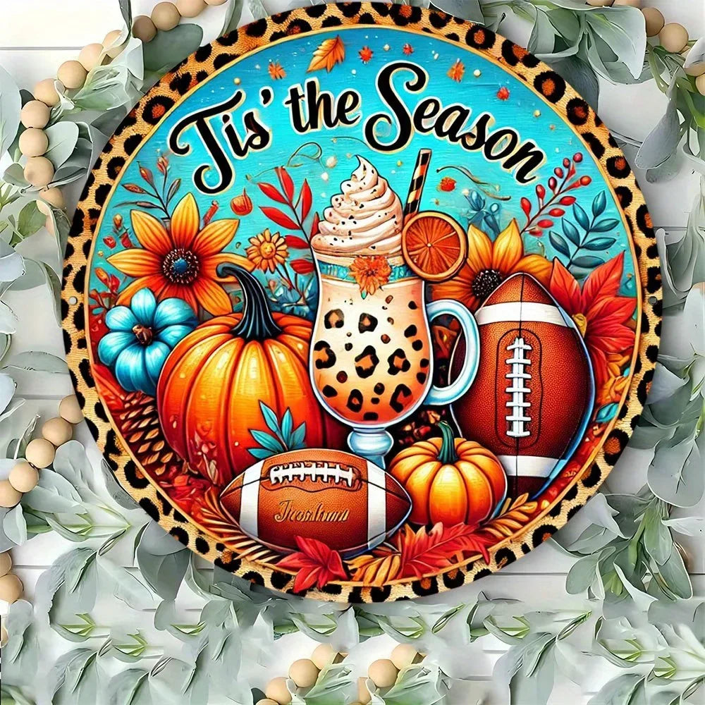 "Autumn Leopard Print Football Pumpkin Aluminum Sign – Wall Hanging Decor & Festive Wreath Accent | Perfect for Home Decor"