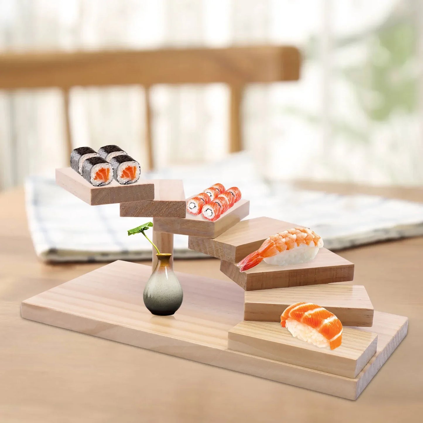 Wooden Multi-Tiered Sushi Platter, 7-Step Sashimi Serving Tray for Wedding Buffet, Decorative Food Display Stand for Kitchen