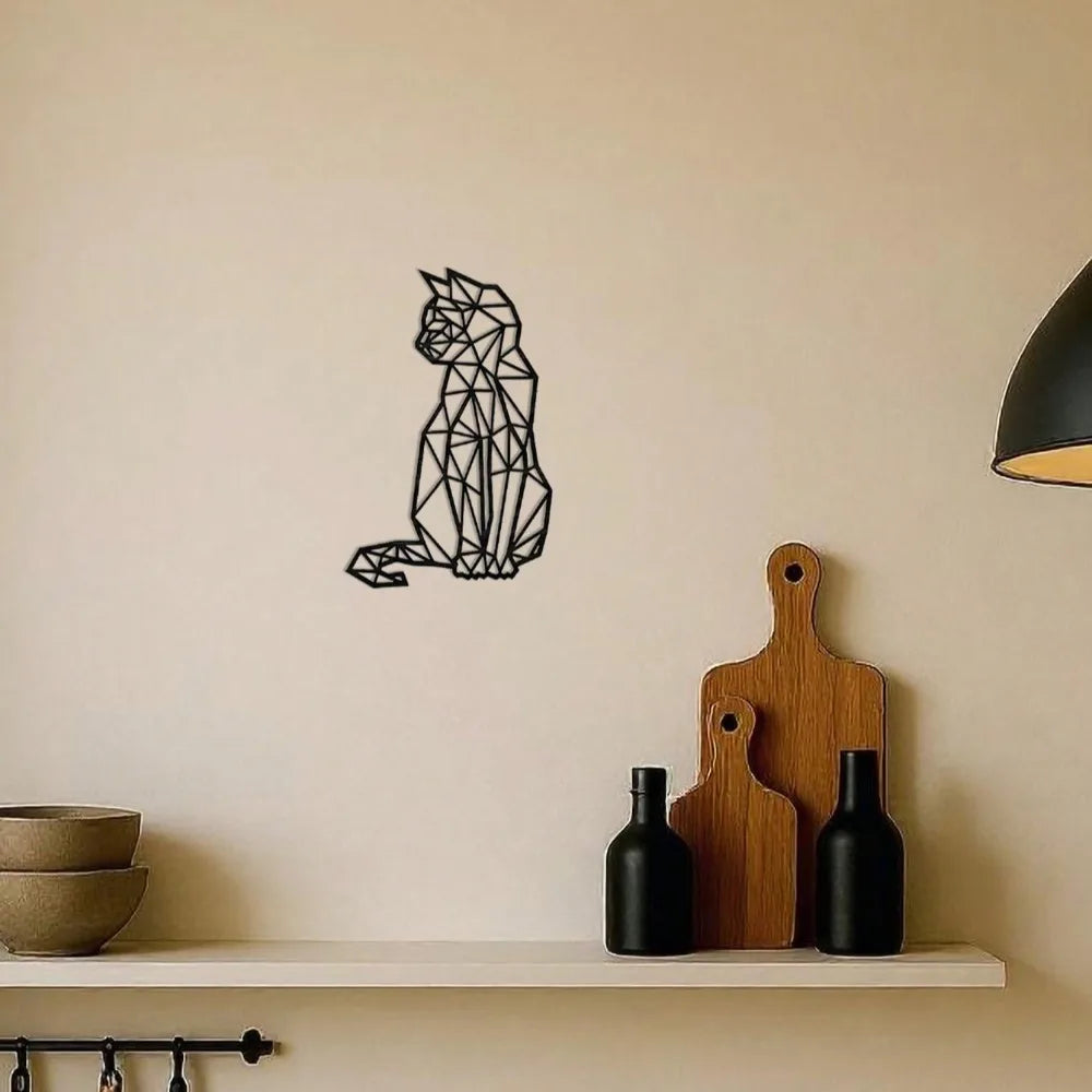 Boho Chic Wrought Iron Cat Wall Art – Modern Geometric Metal Cat Decor, Handcrafted 3D Wall Hanging Sculpture for Home