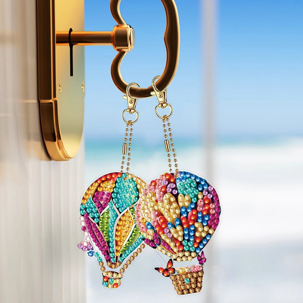 6Pcs Acrylic Double Sided Hot Air Balloon Full Drill Keyring Diamond Painting Art Keychain Pendant for Birthday Party Decor