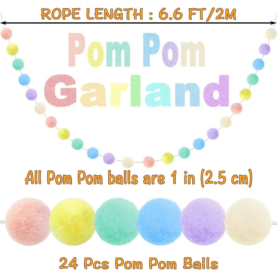 3pk Pastel Pom Pom Garland Easter Decorations Spring Home Decor Indoor Living Room Wall Classroom Xmas Tree Cute Hanging Rainbo