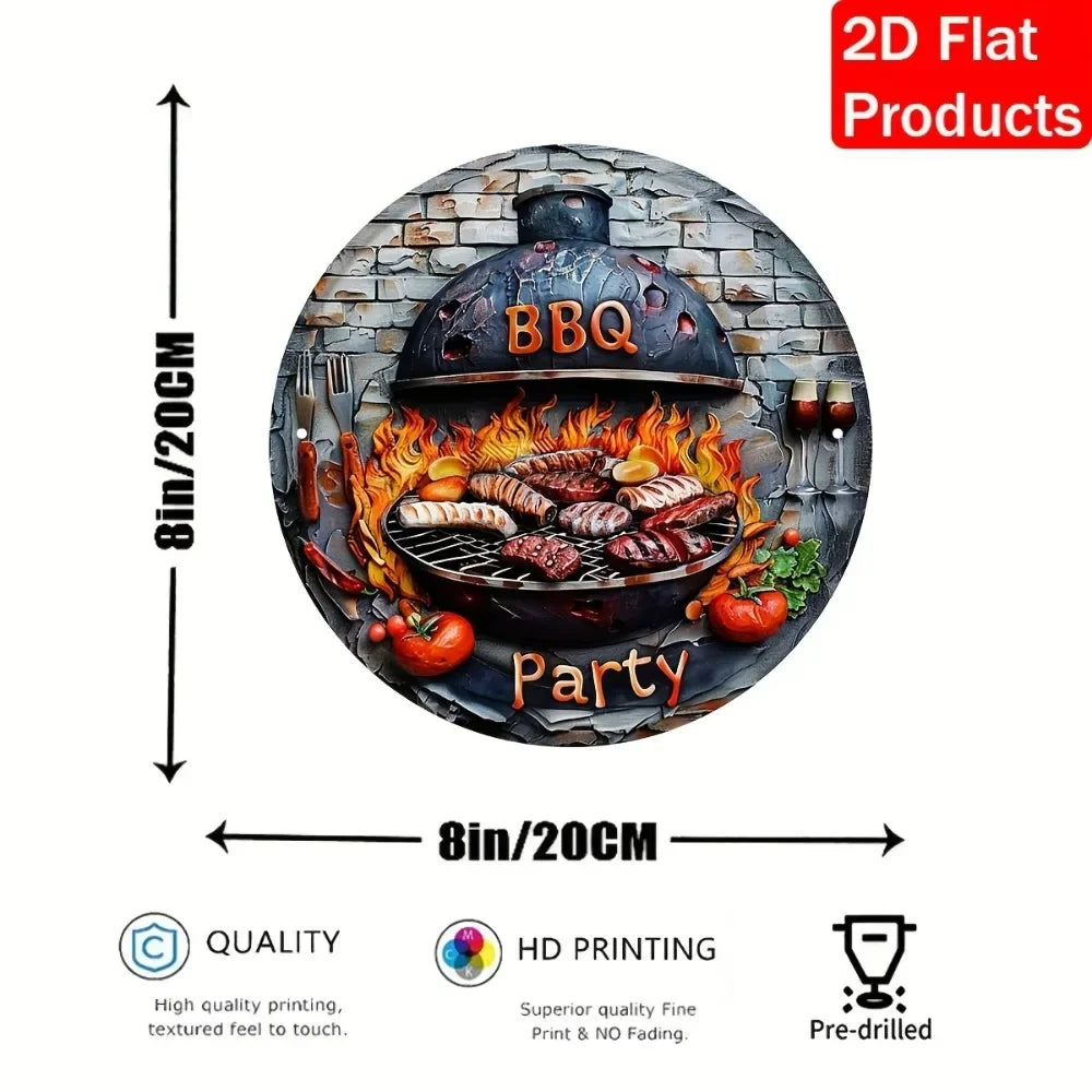 BBQ Party 2D Flat Tin Sign - 8"x8" Vibrant Grill Art, Rustic Porch Camping Decor, Outdoor Themed Gatherings, 1pc